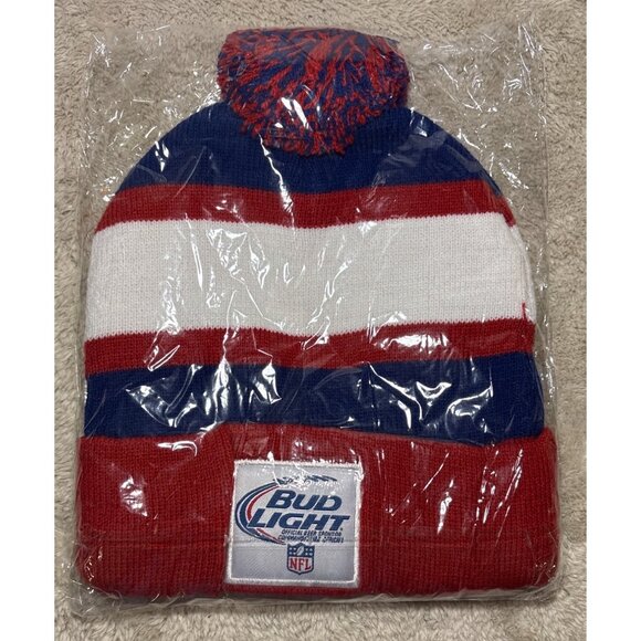 New York Giants Bud Light NFL Knit Beanie Hat Red/Blue/White Pom Unisex Winter - Picture 2 of 3